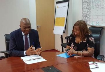 L-R: Managing Director, The Shell Petroleum Development Company of Nigeria Limited and Country Chair, Shell Companies in Nigeria, Osagie Okunbor and Kechi Okwuchi, survivor of the 2005 Sosoliso plane crash during a ‘Thank You’ visit to SPDC.