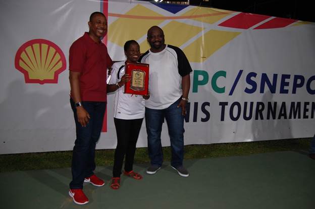 L-R: Chairman Tennis Section of Ikoyi Club, Mr. Abimbola Okubena; Company Secretary, Shell Nigeria Exploration and Production Company (SNEPCo), Mrs. Nike Olafimihan; and Deepwater Business Opportunity Manager of SNEPCo, Mr.  Olaposi Fadahunsi, at the finals of the 2018 Ikoyi club tennis tournament sponsored by NNPC/SNEPCo... on Saturday