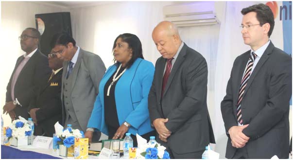 LEFT TO RIGHT: The General Manager, CFAO NIPEN, Mr. IyimideRunsewe; Director, CFAO NIPEN, Pastor Sola Ajidagba; Finance Director, CFAO NIPEN, Mr. Amitabh Sinha; Company Secretary and Legal Adviser, CFAO NIGERIA, Mrs. Ayeni; Chairman Board of Directors, CFAO NIPEN, Mr. Steve Faderin;and Managing Director, CFAO NIPEN, Mr. Regis Tromeur at the 42nd Annual General Meeting of the Company held in Lagos recently