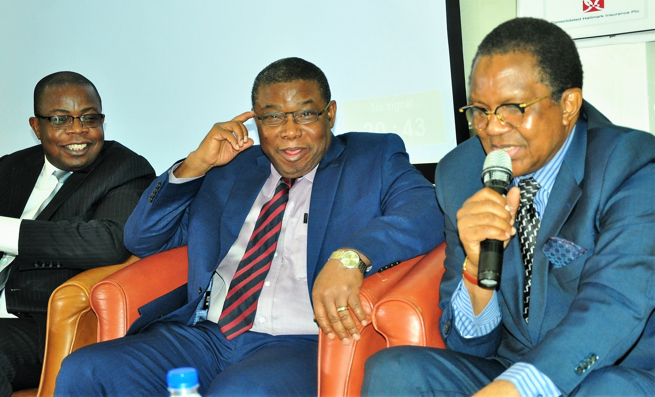 R-L:  Alhaji Bala Zakariya’u, past president, Chartered Insurance Institute of Nigeria and Chairman of occasion; Mr. George Onekhena, Deputy Commissioner, Finance and Administration, NAICOM, and Mr. Lana Loyinmi, Head Contribution & Bond Redemption, National Pension Commission, during the  3rd Annual National Conference of the National Association of Insurance and Pension Correspondents (NAIPCO) on The Role of Stakeholders in Developing Insurance and Pension Sectors held in Lagos on Thursday. August 09, 2018.