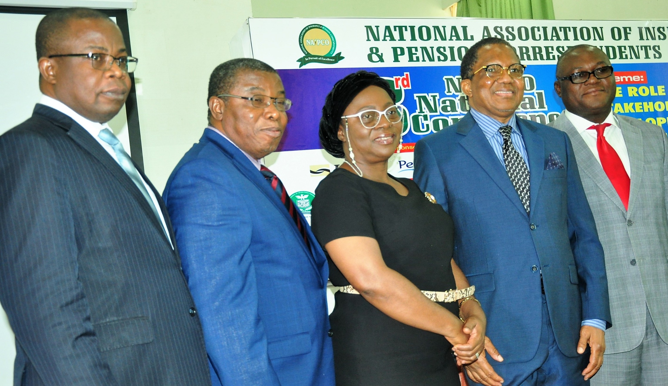 L-R: Mr. Lana Loyinmi, Head Contribution & Bond Redemption, National Pension Commission; Mr. George Onekhena, Deputy Commissioner, Finance and Administration, NAICOM; Mrs. Yetunde Ilori, Director General, Nigeria Insurers Association; Alhaji Bala Zakariya’u, past president, Chartered Insurance Institute of Nigeria and Chairman of occasion, and Mr Adebayo Adeleke, Managing Director, Lancelot Ventures Ltd, during the  3rd Annual National Conference of the National Association of Insurance and Pension Correspondents (NAIPCO) on The Role of Stakeholders in Developing Insurance and Pension Sectors held in Lagos on Thursday. August 09, 2018.   