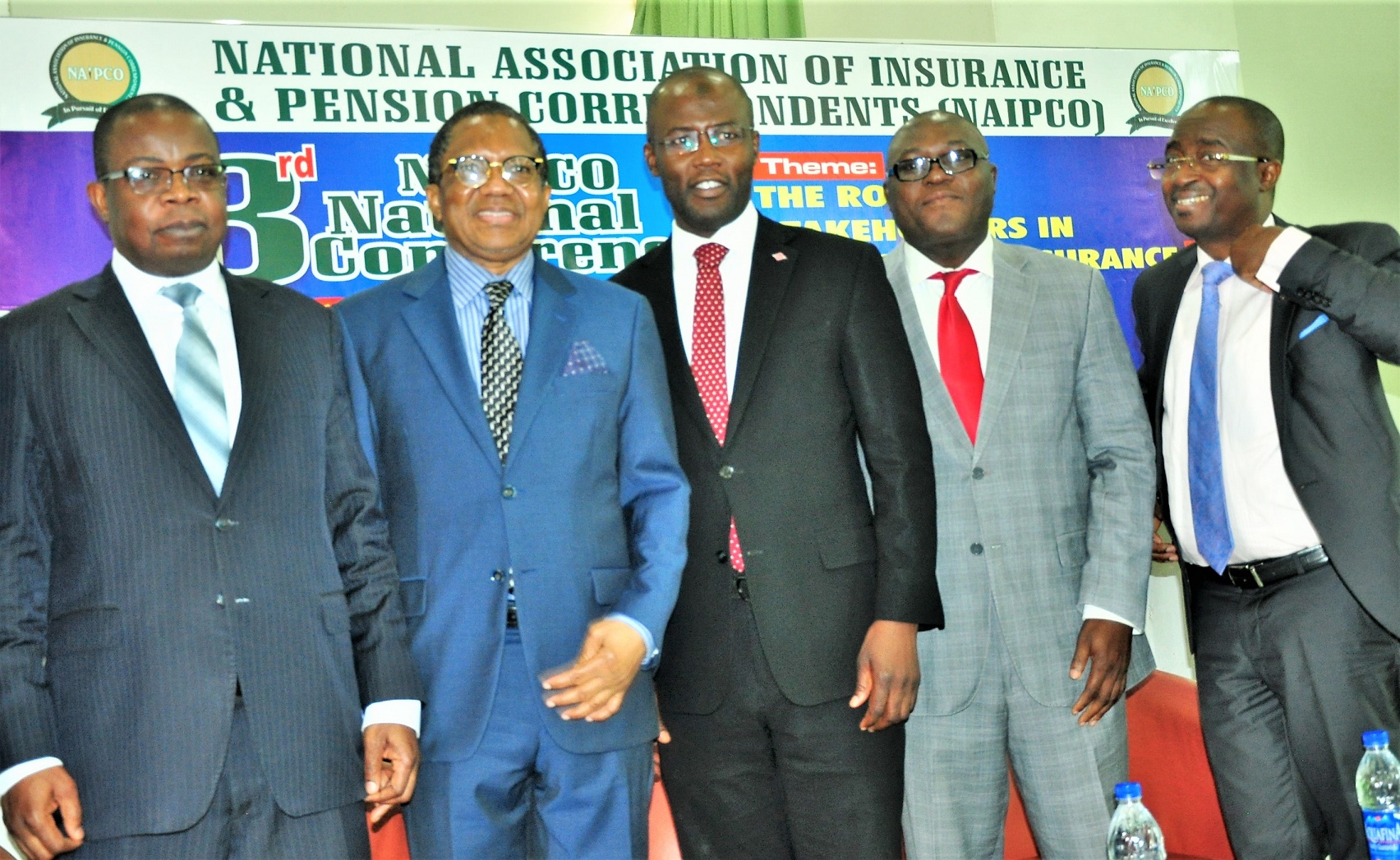 L-R: Mr. Lana Loyinmi, Head Contribution & Bond Redemption, National Pension Commission; Alhaji Bala Zakariya’u, past president, Chartered Insurance Institute of Nigeria and Chairman of occasion; Mr Moruf Apampa, Managing Director/CEO, SUNU Assurance Plc; Mr Adebayo Adeleke, Managing Director, Lancelot Ventures Ltd, and Mr. Supo Sogolola, Executive Director, Law Union & Rock Insurance, during the  3rd Annual National Conference of the National Association of Insurance and Pension Correspondents (NAIPCO) on The Role of Stakeholders in Developing Insurance and Pension Sectors held in Lagos on Thursday. August 09, 2018.   