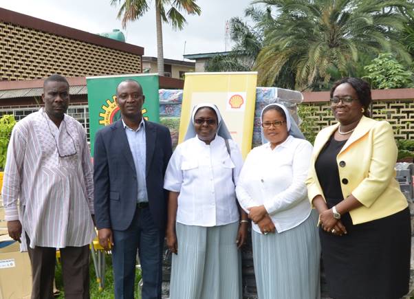 L-R: Social Performance Adviser, Shell Nigeria Exploration and Production Company (SNEPCo), Hope Nuka; SNEPCo Non-Operated Venture Manager, Segun Owolabi; the Principal, Pacelli School for the Blind and Partially Sighted Children, Sister Jane Onyeneri; Sister Eucharia Uwakwe; and SNEPCo’s Communications Manager, Olusola Abulu, during the donation of furniture items to Pacelli School for the Blind and Partially Sighted Children in Lagos ...on Friday