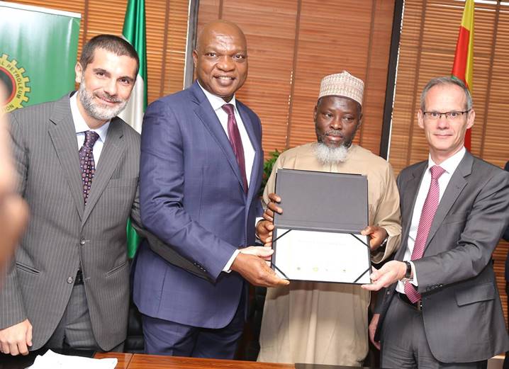 L-R: Managing Director, Nigeria Agip Oil Company, Lorenzo Fiorillo; Managing Director, The Shell Petroleum Development Company of Nigeria Limited and Country Chair, Shell Companies in Nigeria, Osagie Okunbor; Chief Operating Officer Upstream, Nigeria National Petroleum Corporation, Rabiu Bello; and Managing Director, Total Exploration and Production Nigeria, Nicholas Terraz, after signing the Final Investment Decision Charter for the 300 million Standard Cubic Feet of Gas Per Day Assa North Gas Development Project, in Abuja… on Wednesday.