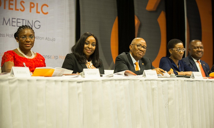 Picture 3: l-r: r-l: Executive Director, Transcorp Hotels Plc, Ms Okaima Ohizua; Managing Director/CEO, Mrs Owen Omogiafo; Chairman, Mr. Emanuel Nnorom; Company Secretary, Ms Helen Iwuchukwu; and Director/President of Transcorp Plc, Mr. Valentine Ozigbo, at the 5th Annual General Meeting of the company held at Transcorp Hilton Hotels Abuja on Friday