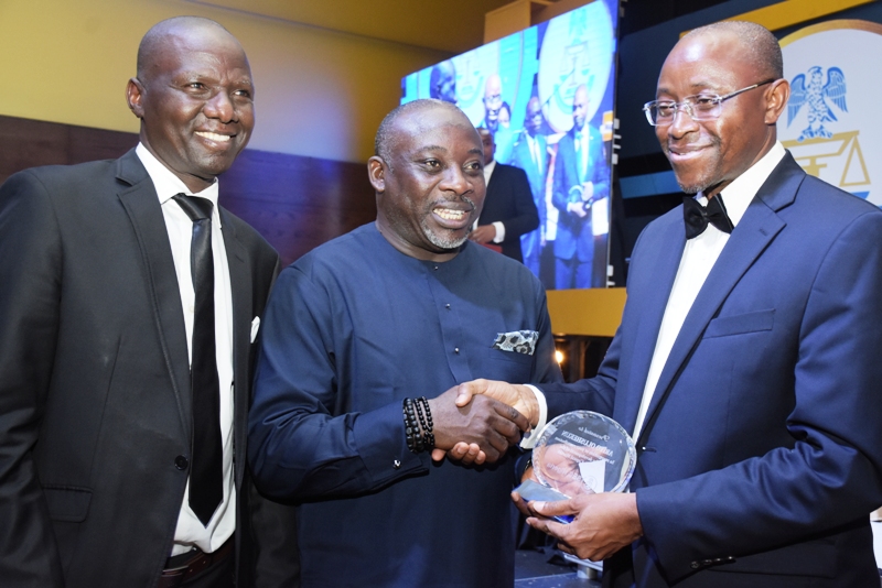 Acting Executive Commissioner Operations SEC Mr Isyaku Tilde, Chairman, House Committee on Capital Market Hon Tajudeen Yusuf, and CEO Capital Assets Limited, Mr. Ariyo Olushekun during SEC Awards Night in Lagos at the weekend