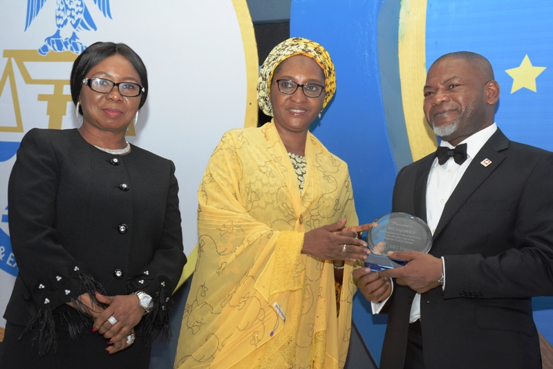 Acting Director General, Securities and Exchange Commission ,Ms. Mary Uduk, Minister of Finance, Hajiya Zainab Ahmed and Managing Director, Nigerian Association of Securities Dealers, Mr. Bola Ajomale during SEC Awards Night in Lagos at the weekend