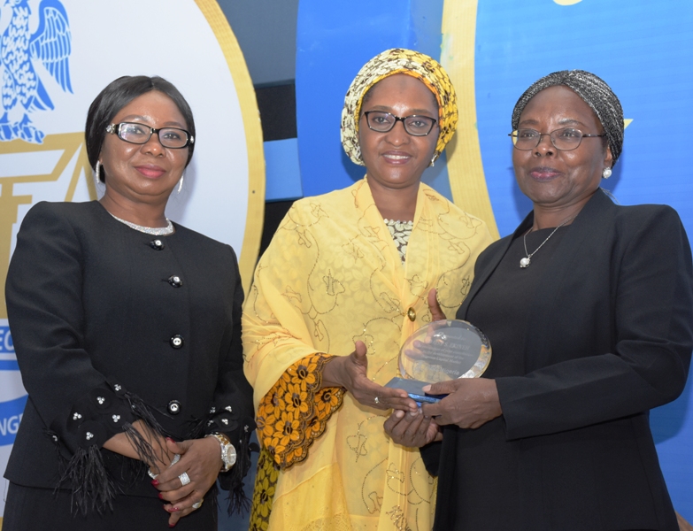 L-R,    Acting Director General,  Securities and Exchange Commission ,Ms. Mary Uduk, Minister of Finance, Hajiya Zainab Ahmed and Chief Executive Officer, DSE Advisory Services Ltd Mrs. Ekineh Daisy during SEC Awards Night in Lagos at the weekend