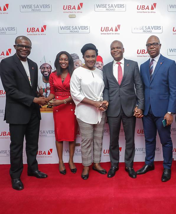 Wise Savers Promo 2:  Head, Brand Management, United Bank for Africa (UBA) Plc. Lashe Osoba; Representative of the Head, Lagos Lottery Board, Nike Oyebamiji; Head Lagos Office, Consumer Protection Council, (CPC) Susie Onwuka; Executive Director, UBA Plc, Liadi Ayoku; and Head, FMCG 1, UBA Plc. Isiuwe Chike, at the 2nd Quarterly  Draw of UBA Wise Savers Promo where 20 Savings Account Holders won N1.5m  each,  in Lagos on Thursday