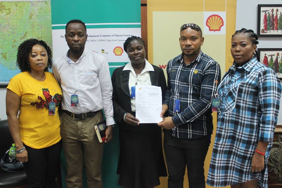 L-R: Beneficiaries of The Shell Petroleum Development Company of Nigeria Limited Training and Empowerment Programme for Bonny Youths: Elizabeth Jumbo, Blessing Beresiri, Christopher Irimagha, George Banigo, and Christiana Green at a ceremony in Port Harcourt to mark the completion of the programme… recently.