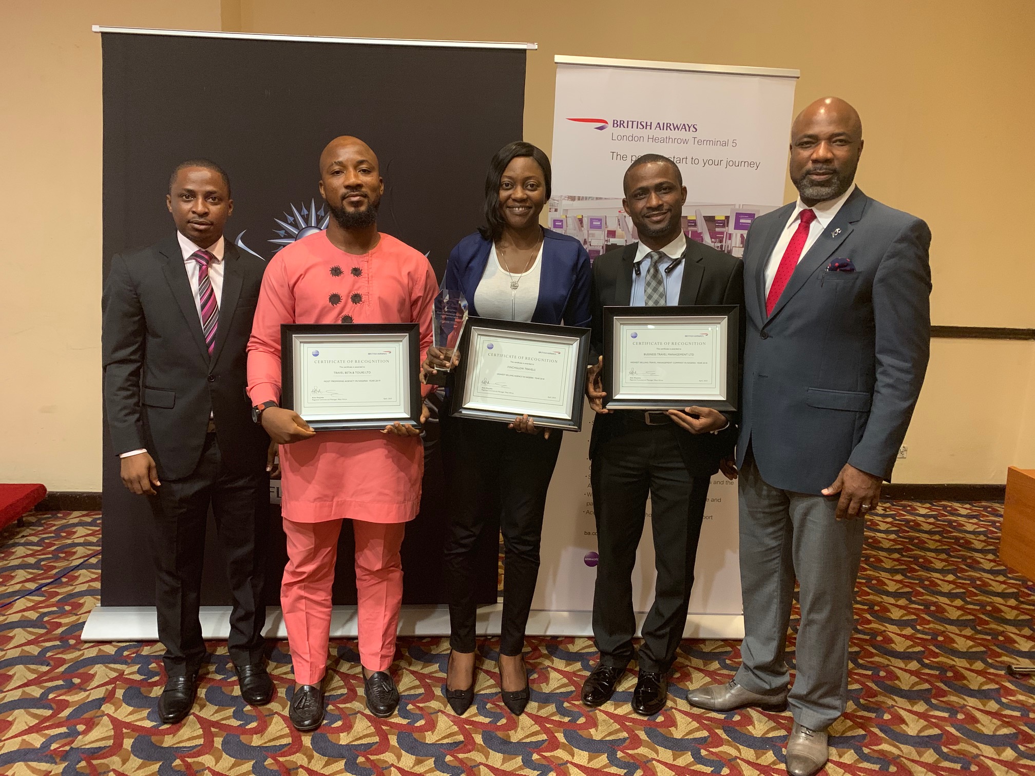 L-R: Bodunrin Olowolagba, British Airways Sales Manager Nigeria; Moses Adekoya, Deputy Operations Manager, Travel Beta & Tours LTD and Winner of Most Promising Agent so far in year 2019; Josephine Duyile, Head Finchglow Travels and Winner of the Highest Selling Agent in Nigeria and Highest selling agent to London 2018; Mutiu Badmus, General Manager Operations, Business Travel Management and Highest selling TMC in Nigeria 2018 and Ademola Sanya, British Airways Trade Sales Manager Nigeria during the award presentation at the Trade Event held in Lagos recently.