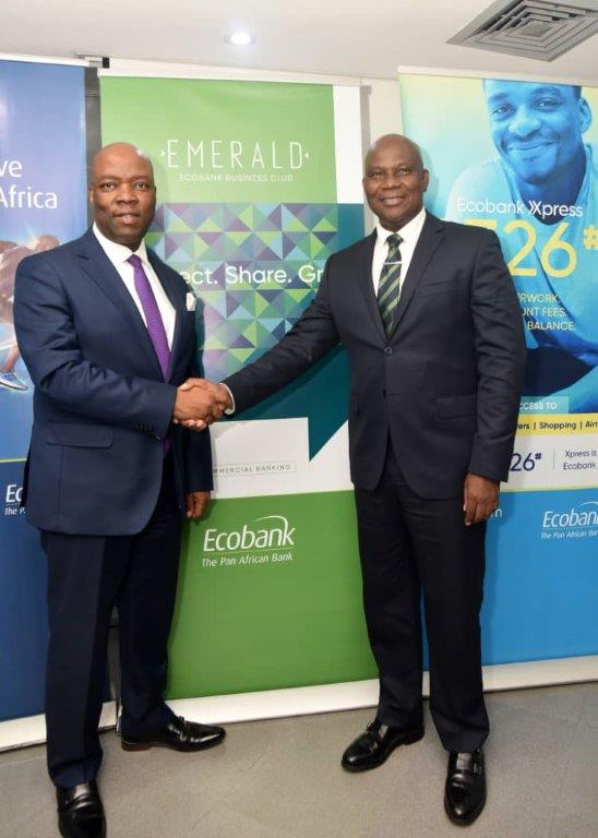 Patrick Akinwuntan, Managing Director, Ecobank Nigeria limited in a warm handshake with Aliyu Abdulhameed, Managing Director/CEO, Nigeria Incentive-Based Risk-Sharing System for Agricultural Lending (NIRSAL) during a business visit of NIRSAL Management to Ecobank Head office in Lagos.
