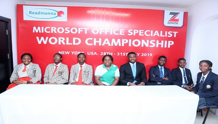Branch Manager, Zenith Bank Plc, Mr. Imade Efosa (fourth from right), flanked from left by Angel Anikpe, Udonsak Ubongabasi and Nwachukwu Daniel, all of Faith Academy, Canaanland, Ota; Mrs Edna Agusto, Founder ReadManna Empowerment Initiative; Shawn Laah of Regent Secondary School, Abuja; Ayomide Abiodun and Pwahatado Vawe, both of Aduvie International School, Abuja at the public presentation of the winners of the Zenith Bank sponsored 2019 Microsoft Office Specialist World Championship.