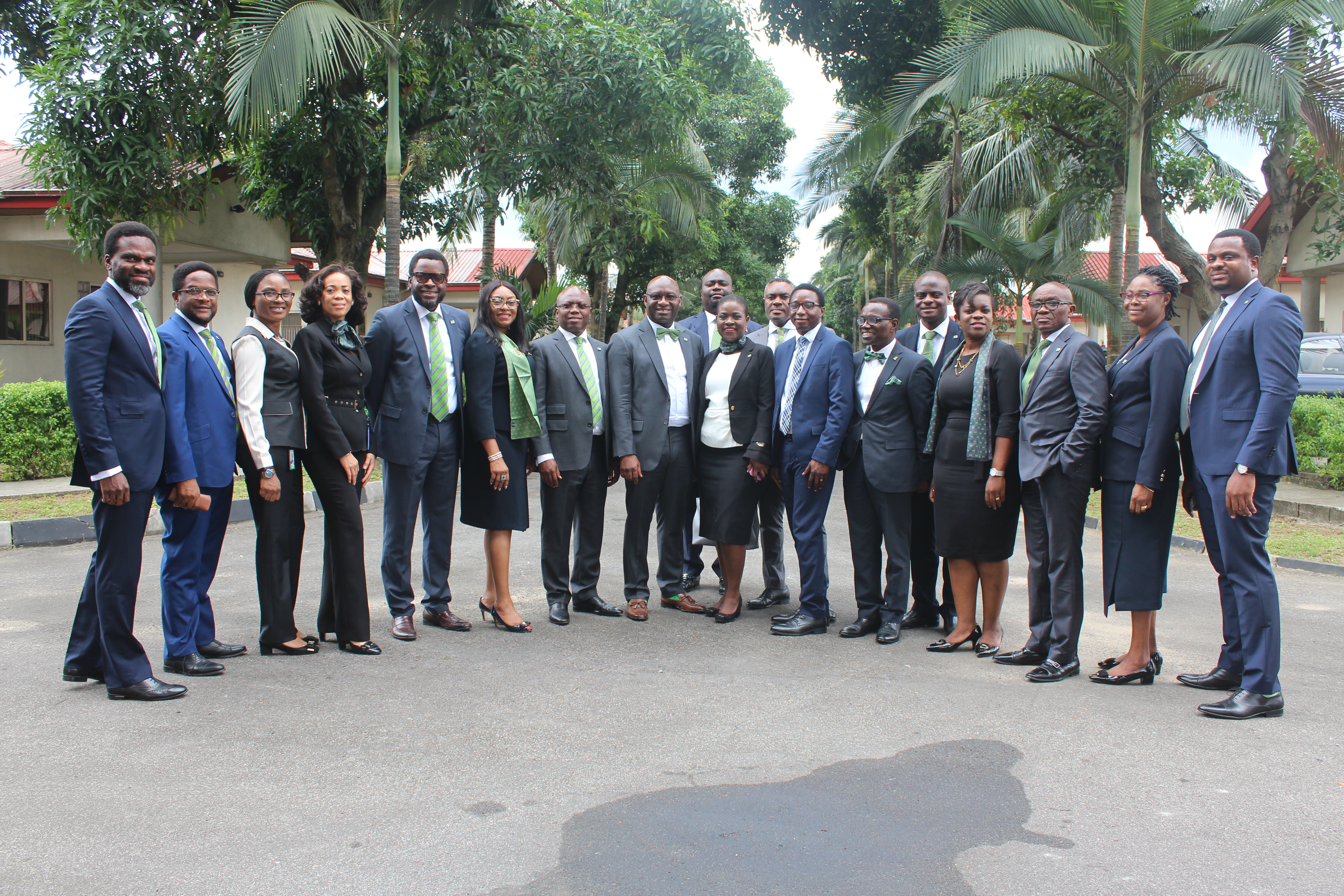 MD/CEO, Heritage Bank Plc, Ifie Sekibo (8th right sitting), Executive Director, Jude Monye (7th left), other Management staff and some of the 300 new intakes of Heritage Bank training Institute dubbed “The Refinery,” during the ushering of the intakes for 12-week intensive training course in Port Harcourt.