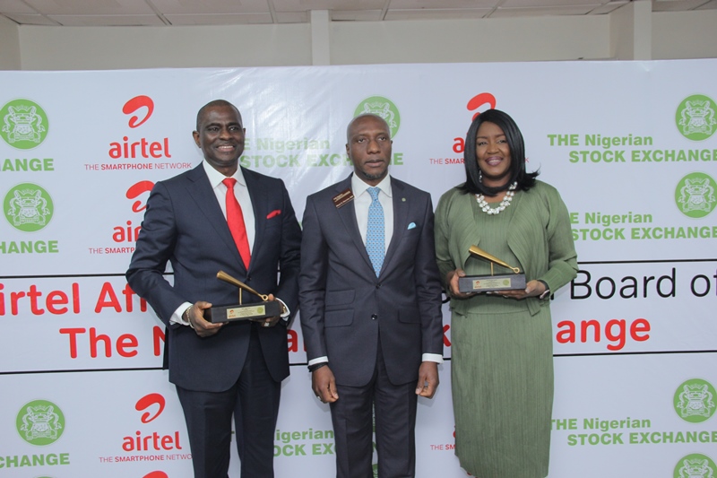 IMG_0545/0551: Segun Ogunsanya, CEO/ Managing Director, Airtel Nigeria; Oscar Onyema, Chief Executive Officer, Nigeria Stock Exchange and Awuneba Ajumogobia, Member, Airtel Africa Board at 'The NSE Gong' Plaque presentation to Airtel Africa during  Airtel Africa Listing  at the NSE Headquarters in Lagos  on Tuesday, July 9, 2019.