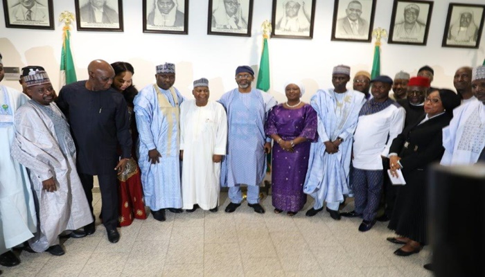 Pix 3: Group photograph of courtesy visit by the Board and Management of the Corporation to the Speaker, Federal House of Representatives; Rt. Hon. Femi Gbajabiamila (middle);Umaru Ibrahim, MD/CEO,(Right of the Speaker); and  Mrs RonkeSokefun, Chairman, NDIC Board of Directors(Right of Speaker).