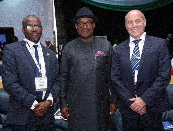 L-R: General Manager Business and Government Relations, Shell Companies in Nigeria, Bashir Bello; Executive Secretary, Nigeria Content Development and Monitoring Board, Simbi Wabote; and the Vice President, Shell Nigeria and Gabon, Peter Costello, at the opening ceremony of the 2019 edition of the Nigeria Oil and Gas Annual Conference and Exhibition in Abuja… on Monday.