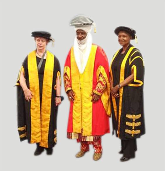 L-R: Marie Staunton, Chair of Board of Trustees (BoT) of SOAS University of London; His Highness Muhammad Sanusi II, CON, Emir of Kano and Baroness Valerie Amos, Director, SOAS University of London at the conferment of Honorary Doctorate in Finance by the SOAS University of London on Emir Sanusi during its 2019 graduation ceremonies in London…on Friday