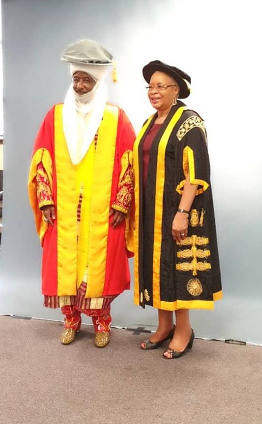 His Highness Muhammad Sanusi II, CON, Emir of Kano and Dame Graça Machel, SOAS University of London President at the conferment of Honorary Doctorate in Finance by the SOAS University of London on Emir Sanusi during its 2019 graduation ceremonies in London…on Friday
