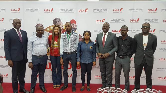 Group Head, Consumer & Retail Banking, United Bank for Africa(UBA) Plc, Mr. Jude Anele; Representative of National Lottery Regulatory Commission, Kelechi Onuoha; Head, Product Marketing, Digital and Consumer Banking, UBA Plc, Ms. Lola Obembe; Representatives, National Lottery Regulatory Commission, Mr. Godson Ehujue and Ms. Kemi Adebiyi; Group Head, Transaction and Electronic Banking, UBA Plc, Sampson Aneke; Representative of Lagos State Regulatory Board, Mr. Abideen Onifade; and Head, Brand Management, UBA Plc, Mr. Lashe Osoba at the 3rd Quarterly Draw of UBA Wise Savers Promo where 20 Savings Account Holders won N1.5m each, in Lagos on Wednesday
