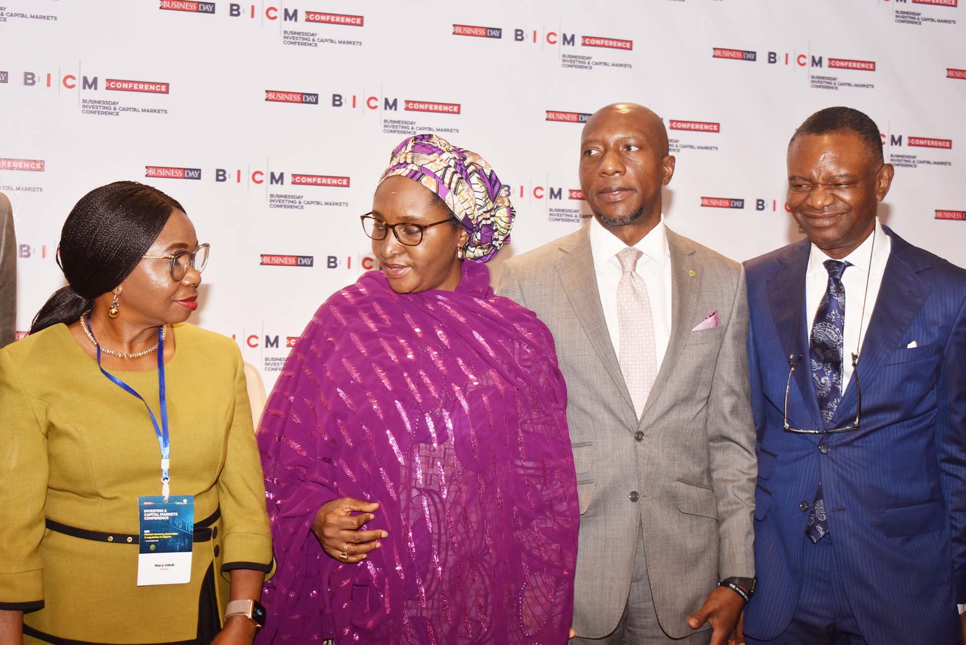 L-R,  Acting Director General, Securities and Exchange Commission  Ms Mary Uduk, Minister of Finance Hajia Zainab Ahmed, CEO Nigerian Stock Exchange Mr Oscar Onyema and Publisher Business Day Media Mr Frank Aigbogun during the Investing and Capital Markets Conference in Abuja, Thursday