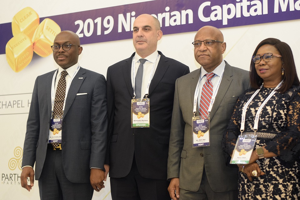 R-L: Acting DG, SEC,Ms Mary Uduk, Vice Chairman, FMDQ, Mr. Jubril Aku, Managing Director, Equity Research Desk, Argentina, Mr Bernardo Mariano and the Managing Director, FMDQ, Mr Bola Onadele Koko at the 2019 Nigeria Capital Markets Conference in Lagos on Thursday