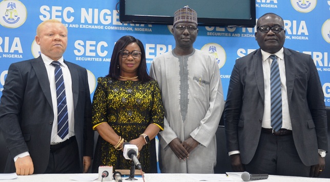 From Left, Acting Executive Commissioner, Legal &  Enforcement, Securities and Exchange Commission (SEC), Mr Reginald Karawusa, Acting Director General, Ms Mary Uduk,  Acting Executive Commissioner,  Operations, Mr Isyaku Tilde and Acting Executive Commissioner Corporate Services, Mr. Edward Okolo during the third Capital Market Committee Meeting Press briefing, in Lagos, weekend