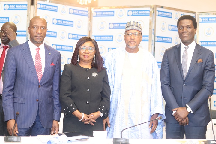 L-R: Chief Executive Officer, Nigerian Stock Exchange, Mr Oscar Oyema; Ag. Director General, Securities and Exchange Commission, Ms Mary Uduk, Chairman House Committee on Capital Market and Institutions, Hon. Babangida Ibrahim; and the Board Chairman, SEC, Mr Olufemi Lijadu at the 3rd Quarter Capital Market Committee, CMC meeting in Lagos, Thursday.