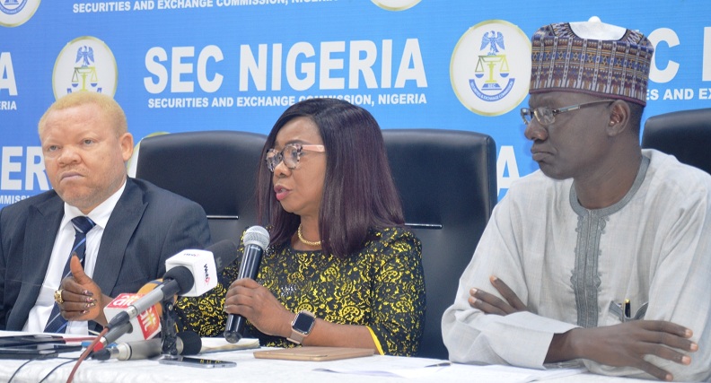  From Left, Acting Executive Commissioner, Legal &  Enforcement, Securities and Exchange Commission (SEC), Mr Reginald Karawusa, Acting Director General, Ms Mary Uduk,  and Acting Executive Commissioner,  Operations, Mr Isyaku Tilde during the third Capital Market Committee Meeting Press briefing, in Lagos, weekend
