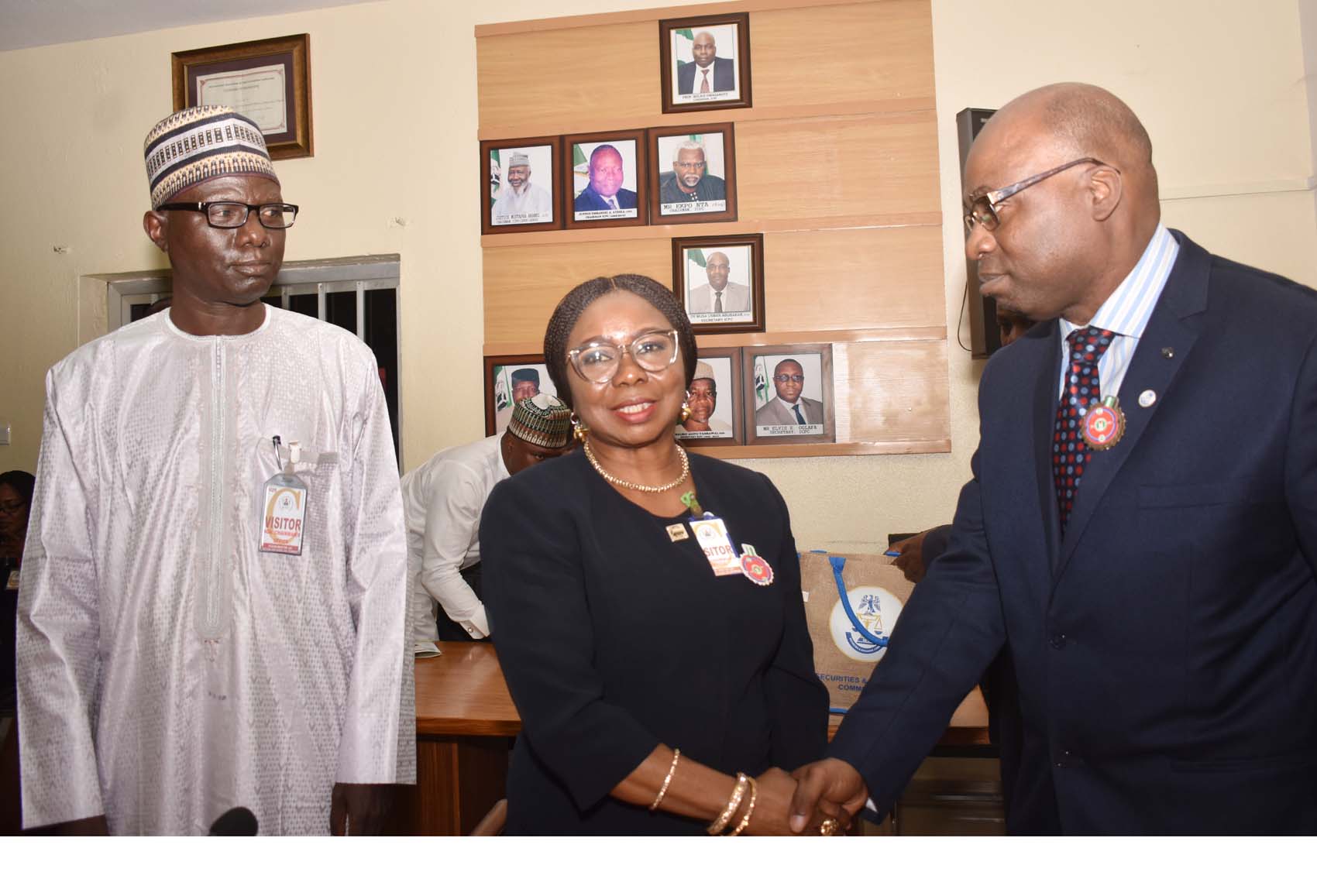 SEC and ICPC, 1A,2,1B  , 1C L-R,  Acting Executive Commissioner,  Operations, Securities and Exchange Commission Mr Isyaku Tilde, Acting Director General SEC  Ms Mary Uduk and  Chairman, Independent Corrupt Practices and other Related Offences Commission Prof Bolaji Owasanoye during a Meeting between SEC and ICPC in Abuja, Wednesday