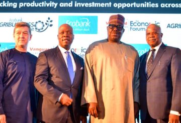 (L-R) Andrew Nevin, Partner -West Africa Financial Services Leader and Chief Economist at PWC; Patrick Akinwuntan, Managing Director, Ecobank Nigeria; Mustapha Baba Shehuri, Minister of State for Agriculture; and John Aboh, Chairman, Ecobank Nigeria Limited at the Ecobank Agribusiness Summit, held in Lagos