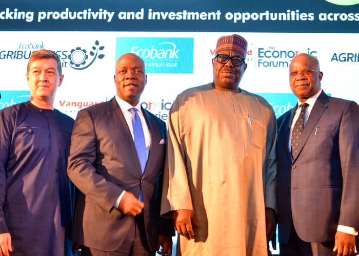 (L-R) Andrew Nevin, Partner -West Africa Financial Services Leader and Chief Economist at PWC; Patrick Akinwuntan, Managing Director, Ecobank Nigeria;  Mustapha Baba Shehuri, Minister of State for Agriculture; and John Aboh, Chairman, Ecobank Nigeria Limited at the Ecobank Agribusiness Summit, held in Lagos