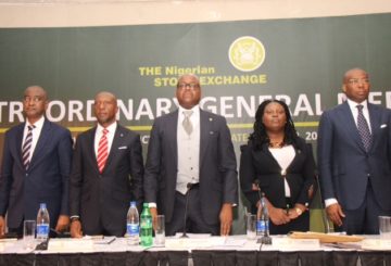 L – R shows Mr. Abubakar Balarabe Mahmoud, SAN, OON, First Vice President, The Nigerian Stock Exchange (NSE); Mr. Oscar N. Onyema, OON, Chief Executive Officer, Otunba Abimbola Ogunbanjo, President of Council, NSE; Mrs. Mojisola Adeola, Council Secretary, NSE and Aigbojie Aig-Imokhuede, CON, Ex-Officio, NSE during a Court Ordered Meeting (COM) and an Extraordinary General Meeting (EGM) at the Civic Center, Lagos