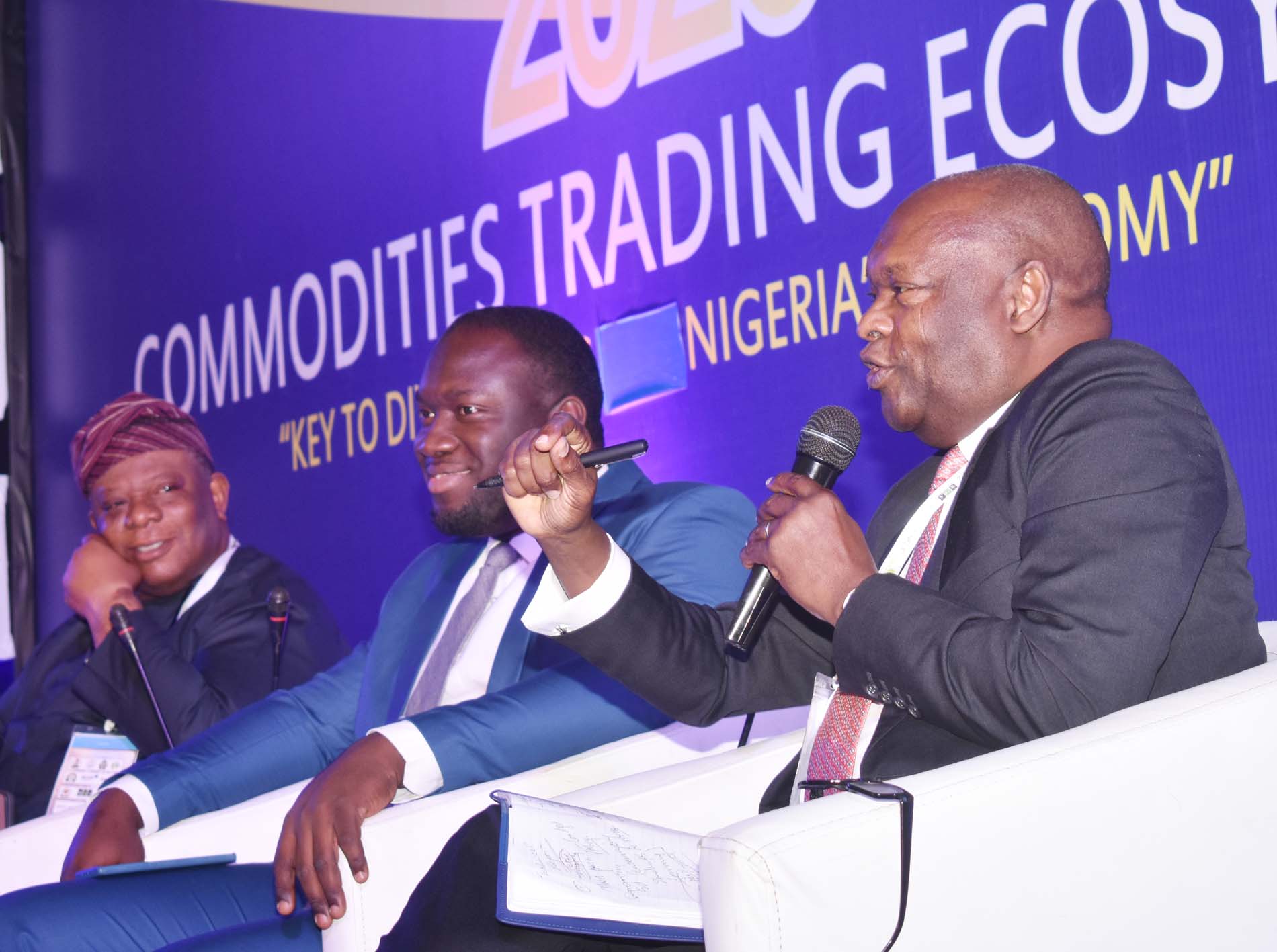 L-R,  CEO Nigerian Economic Summit Group Mr Laoye > Jaiyeola, CEO AFEX Commodities Exchange Mr Ayodeji Balogun and > Managing Partner, Trans Sahara Investment Corporation Mr Kyari Abba > Bukar during the during the International Conference on Nigerian > Commodities Market in Abuja, Tuesday