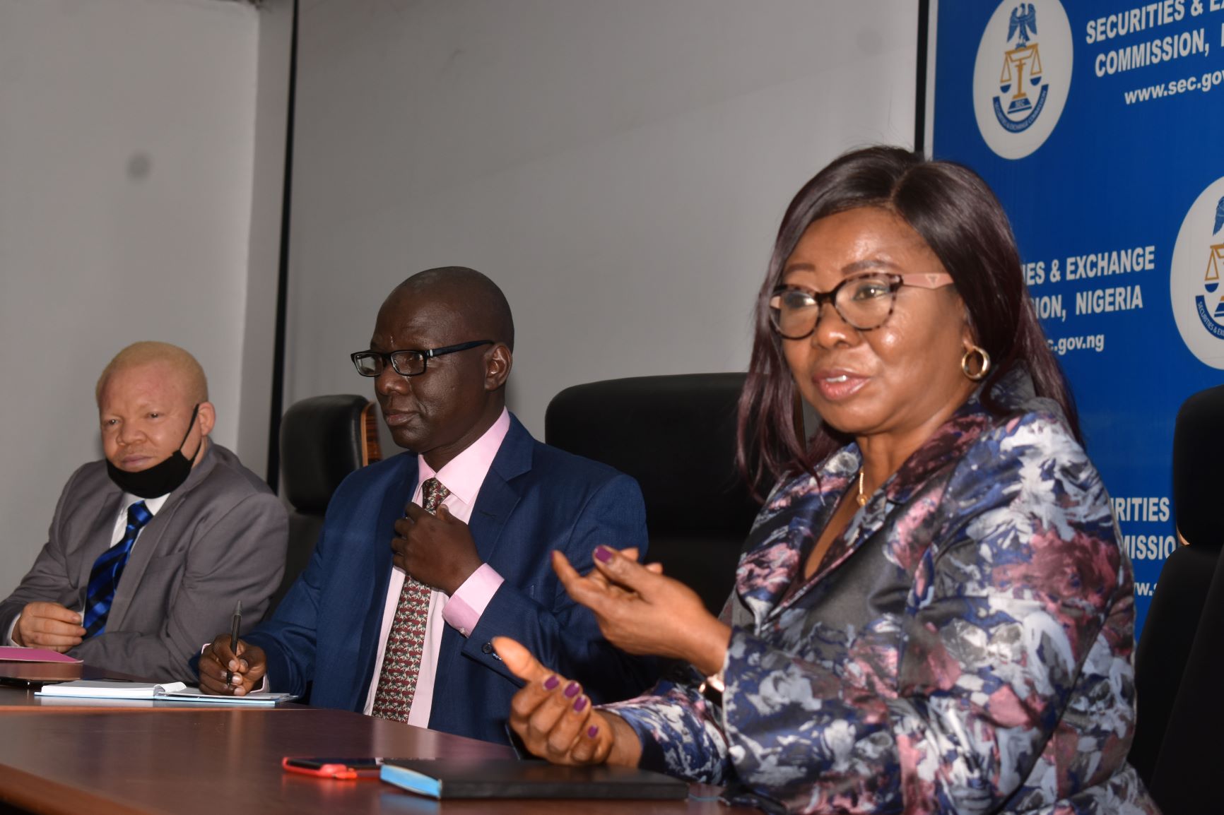 L-R, Acting Executive Commissioner Legal and Enforcement  Securities and Exchange Commission , Mr. Reginald Karawusa, Acting Executive Commissioner, Operations, SEC  Mr Isyaku Tilde and Acting Director General SEC  Ms Mary Uduk during a Meeting between Management of SEC and Staff in Abuja, Monday 