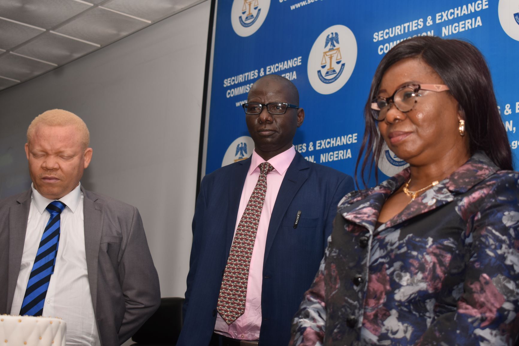 Acting Executive Commissioner Legal and Enforcement  Securities and Exchange Commission , Mr. Reginald Karawusa, Acting Executive Commissioner, Operations, SEC  Mr Isyaku Tilde, Acting Director General SEC  Ms Mary Uduk and Acting Executive Commissioner Corporate Services,  SEC Mr Edward Okolo during a Meeting between Management of SEC and Staff in Abuja, Monday