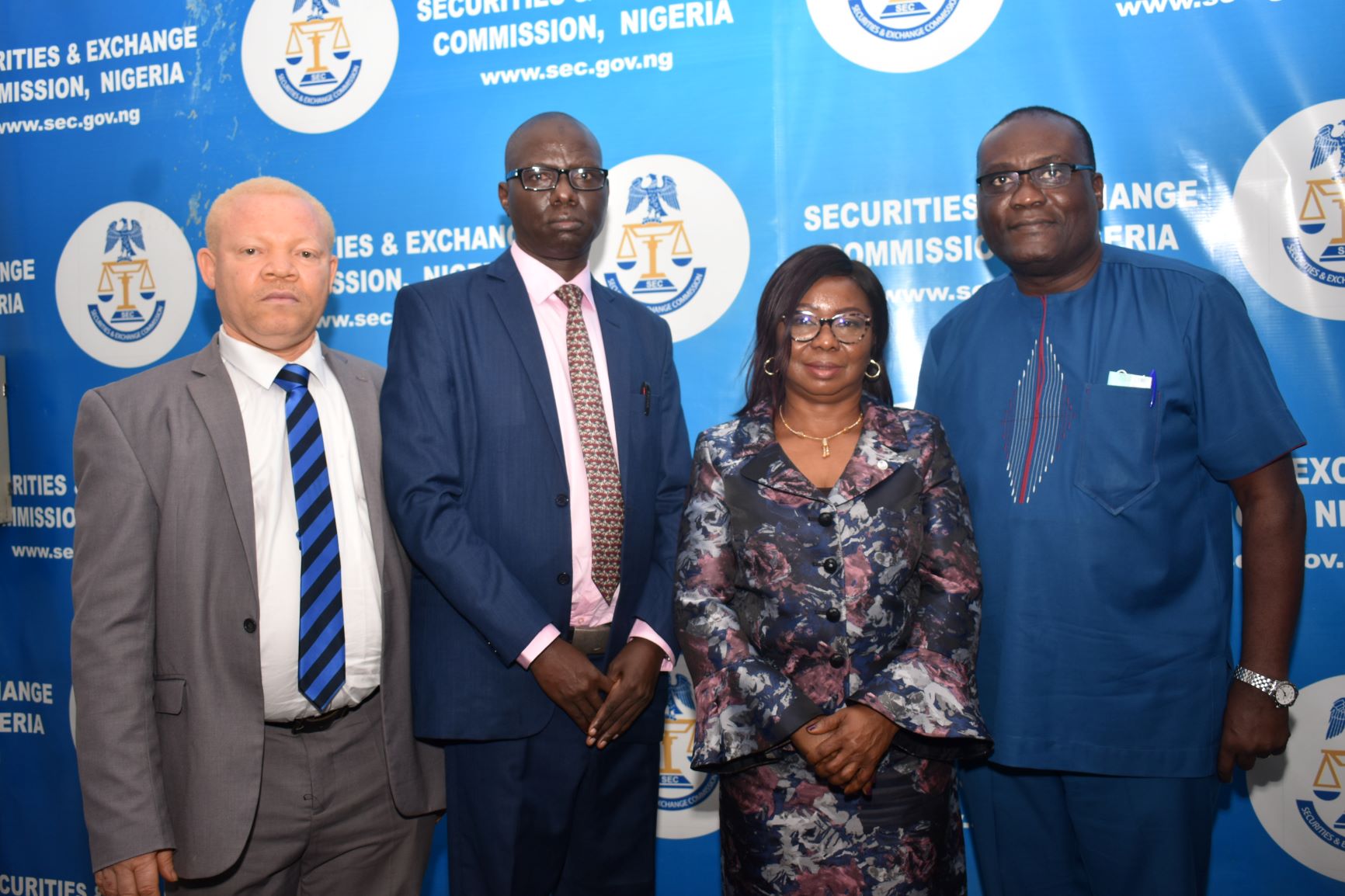 Acting Executive Commissioner Legal and Enforcement  Securities and Exchange Commission , Mr. Reginald Karawusa, Acting Executive Commissioner, Operations, SEC  Mr Isyaku Tilde, Acting Director General SEC  Ms Mary Uduk and Acting Executive Commissioner Corporate Services,  SEC Mr Edward Okolo during a Meeting between Management of SEC and Staff in Abuja, Monday