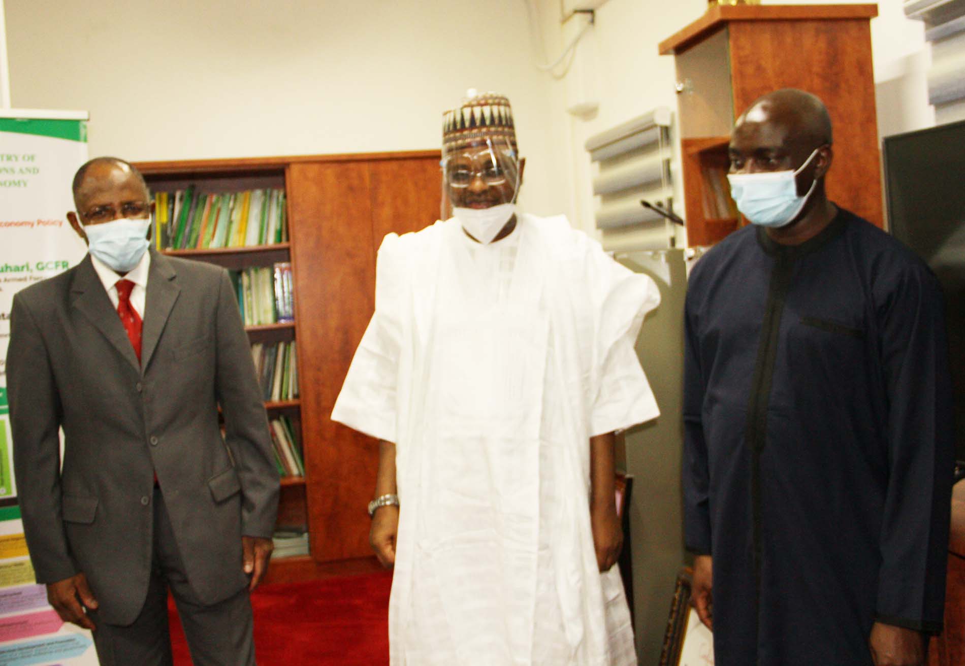L-R,  Director General, Securities and Exchange Commission Mr. Lamido Yuguda, Minister of Communications and Digital Economy Mr Ali > Pantami and Assistant Director, SEC Mr Bagudu Waziri during a Meeting > between SEC and > Minister of Communications and Digital Economy in Abuja > yesterday