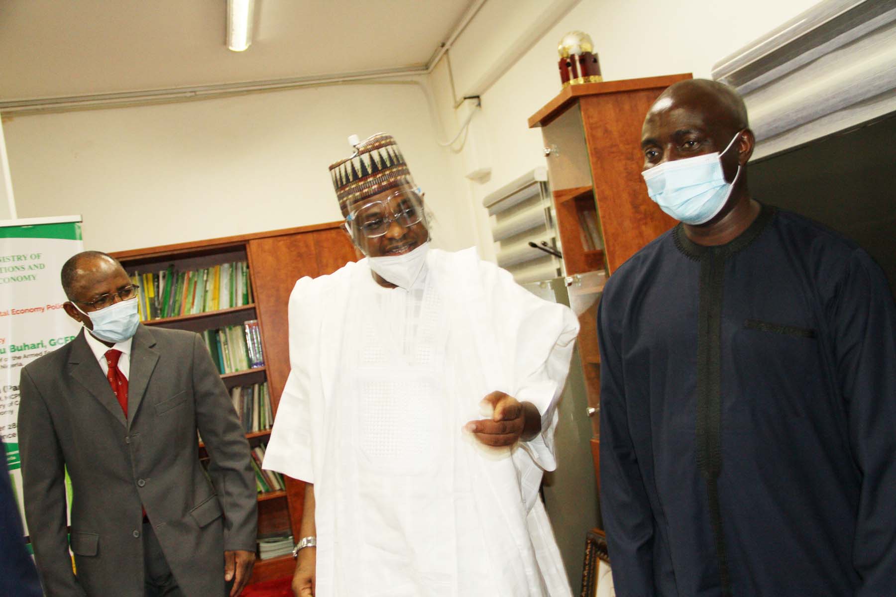 L-R,  Director General, Securities and Exchange Commission Mr. Lamido Yuguda, Minister of Communications and Digital Economy Mr Ali > Pantami and Assistant Director, SEC Mr Bagudu Waziri during a Meeting > between SEC and > Minister of Communications and Digital Economy in Abuja > yesterday