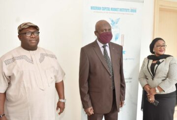 L-R, Head Programs/Secretary of the Board, Nigerian Capital Market Institute Barr Isikong Isong, Managing Director NCMI Mr Ismaila Ville and Head Marketing, Consultancy, Research and Publications NCMI Mrs Sadaatu Faruk during a Media Briefing on the Activities of the Institute in Abuja, weekend