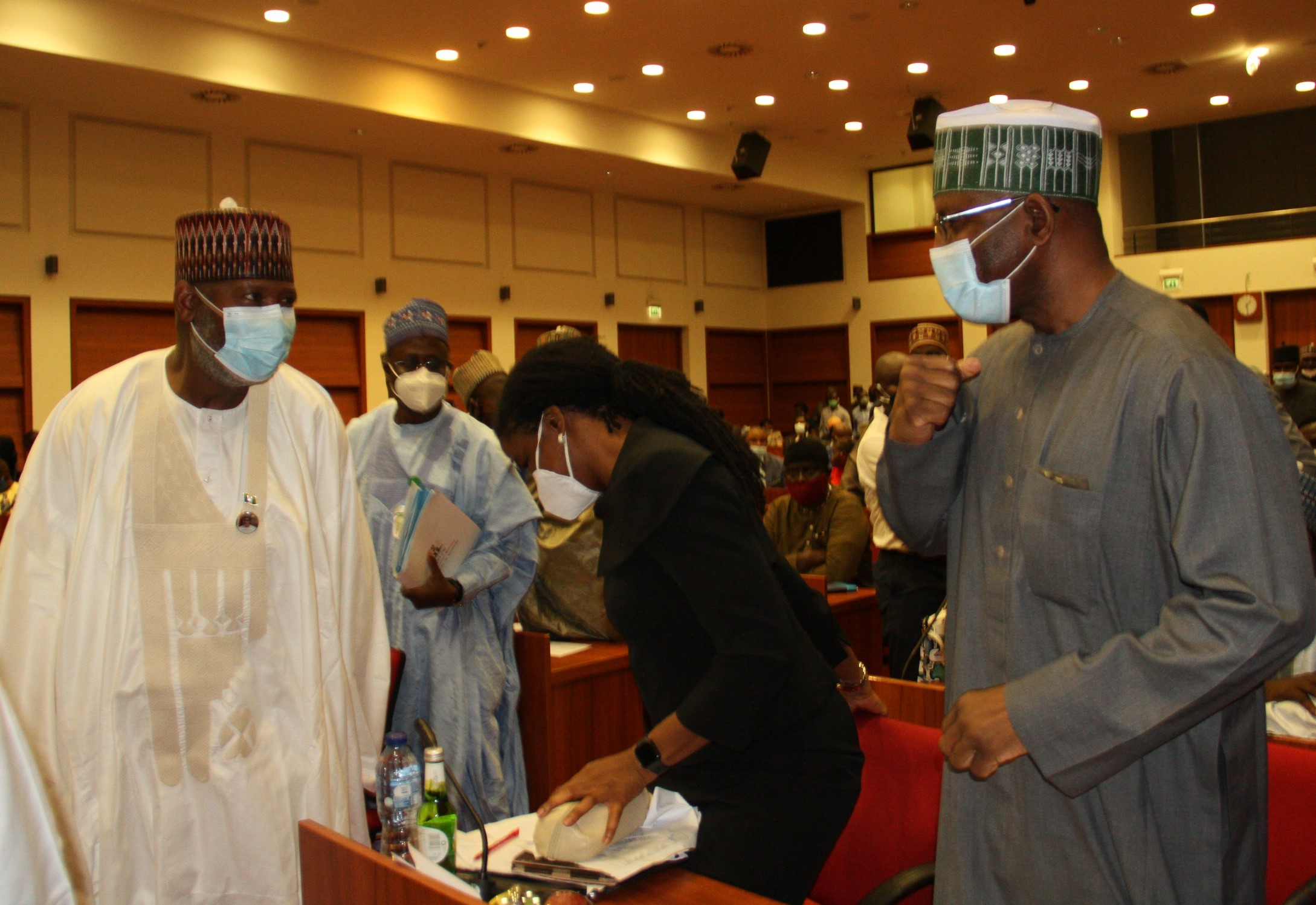 L-R,  Minister of Aviation Sen. Hadi Sirika with Director General, Securities and Exchange Commission Mr Lamido Yuguda during a Senate Public Hearing Interactive Session on the 2021-2023 Medium Term Expenditure Framework and Fiscal Strategy Paper at the National Assembly yesterday