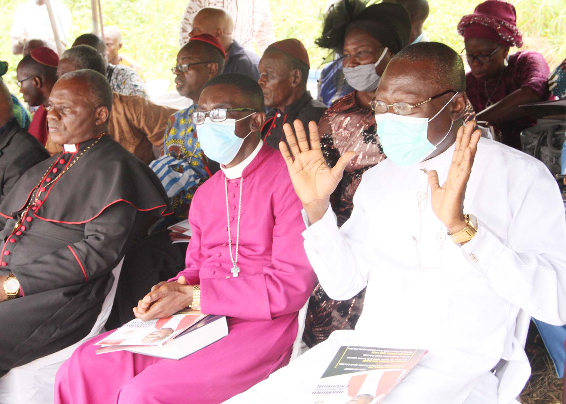   L-R, Former, Executive Secretary, Delta State Pilgrims Welfare Board Bishop Orho Iteheri, Anglican Bishop Warri Diocese, Bishop Christian Edeh and Representative, Delta State Governor Apostle Silvanus Okorotie during the Final Burial of the Late Bishop Diamond Emuobor in Ugborhen, Sapele Delta State at the weekend